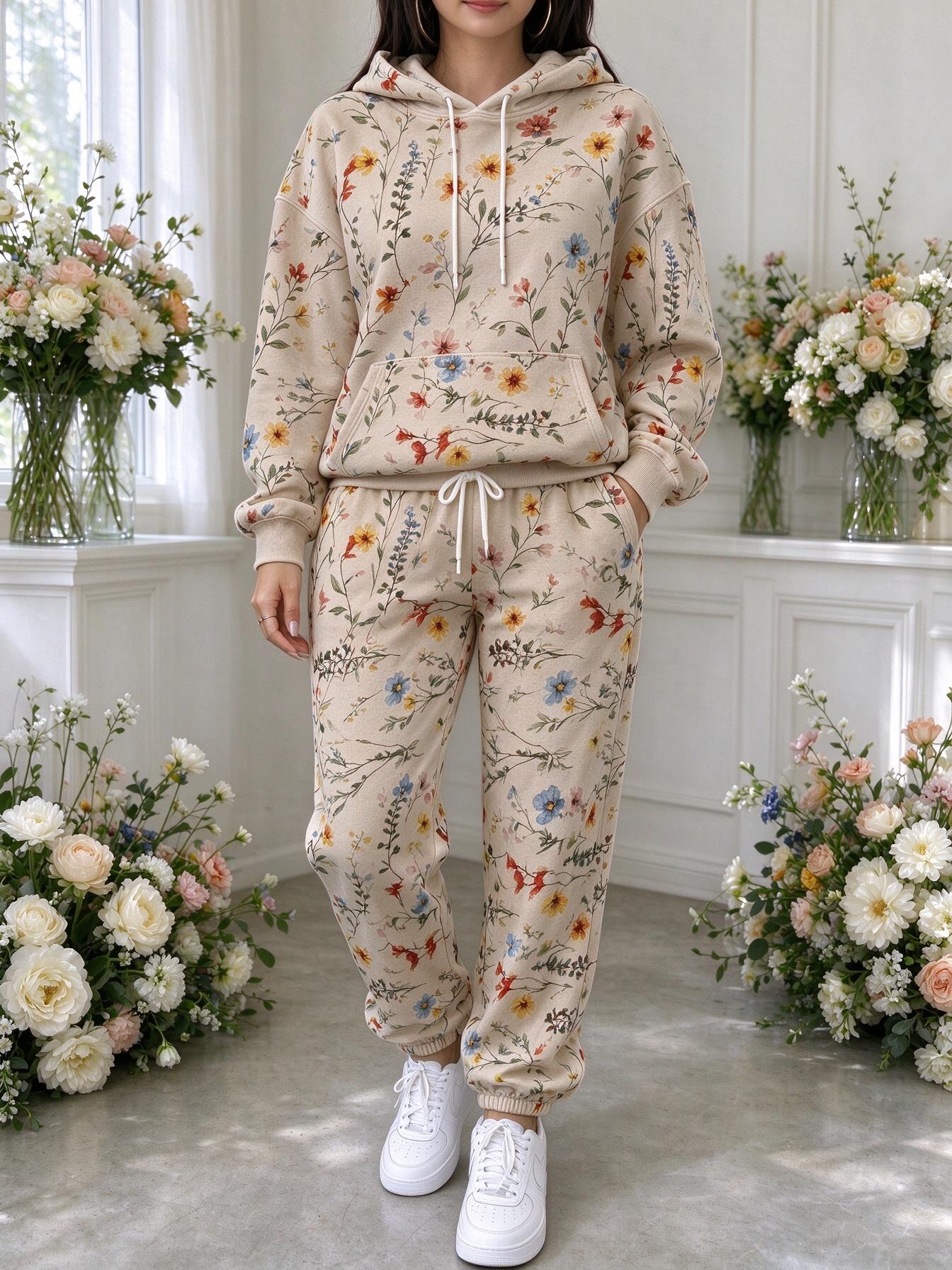 여성용 야생화 패턴 후드 트레이닝복 세트, 프린트 후드 - Joggers Pants 리뷰 및 가격